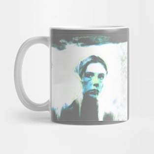 Beautiful woman, near some entrance. Weird, very interesting. Bright, blue, green. Mug